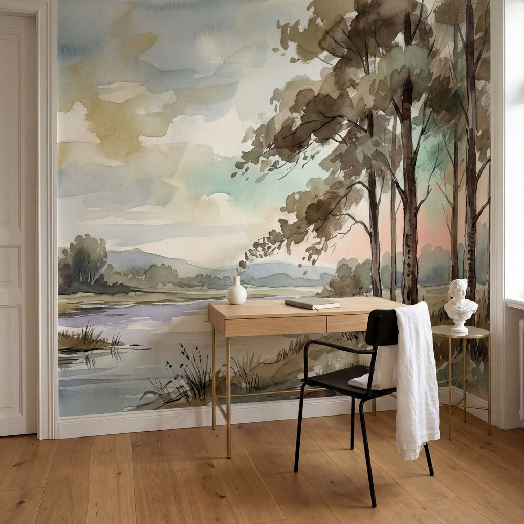 papier peint panoramique foret riviere arbres feuillus paysage champetre tons be-9