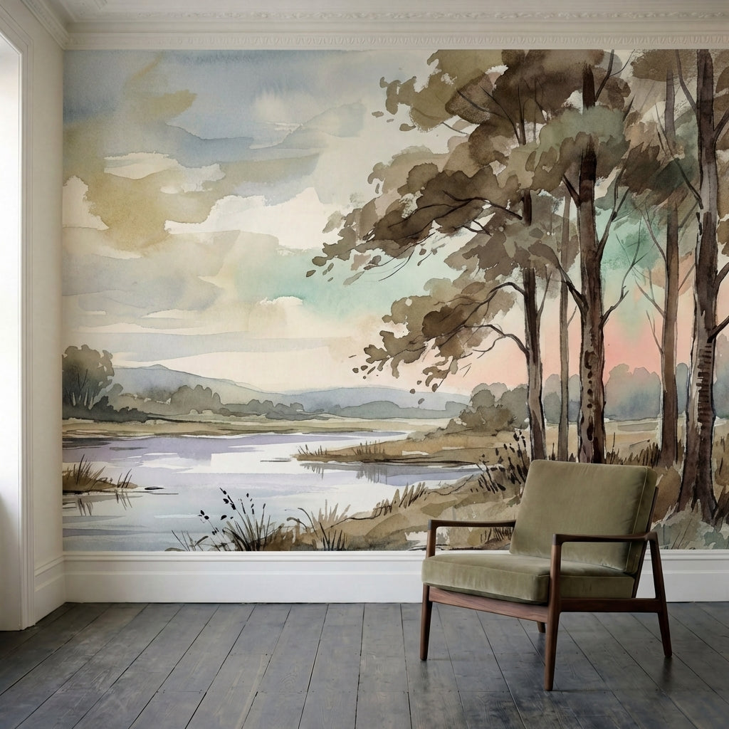 papier peint panoramique foret riviere arbres feuillus paysage champetre tons be-HERO-10