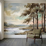 papier peint panoramique foret riviere arbres feuillus paysage champetre tons be-HERO-10