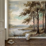 papier peint panoramique foret riviere arbres feuillus paysage champetre tons be-HERO-9