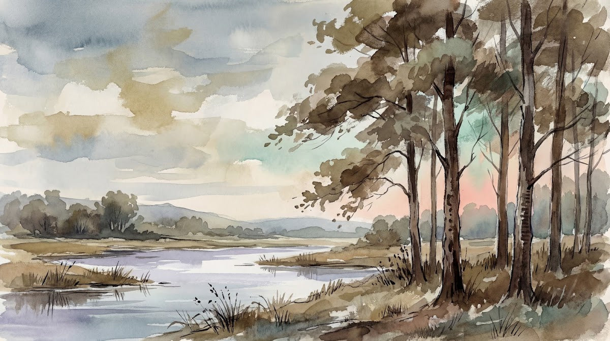 Papier peint panoramique forêt - Rivière arbres feuillus paysage champêtre tons beige crème et gris bleu sur mesure - Design
