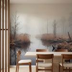 papier peint panoramique foret riviere marecage roseaux bare trees brouillard to-1