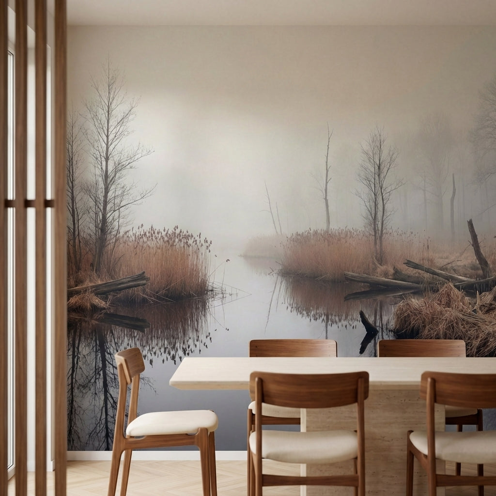 papier peint panoramique foret riviere marecage roseaux bare trees brouillard to-1