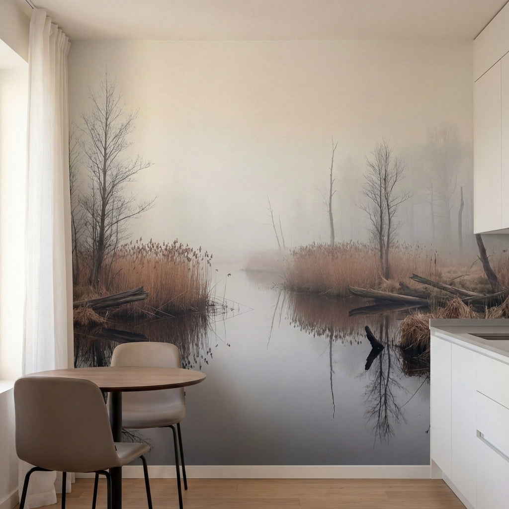 papier peint panoramique foret riviere marecage roseaux bare trees brouillard to-2