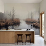 papier peint panoramique foret riviere marecage roseaux bare trees brouillard to-3