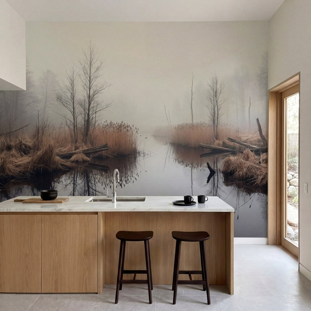papier peint panoramique foret riviere marecage roseaux bare trees brouillard to-3