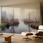 papier peint panoramique foret riviere marecage roseaux bare trees brouillard to-4