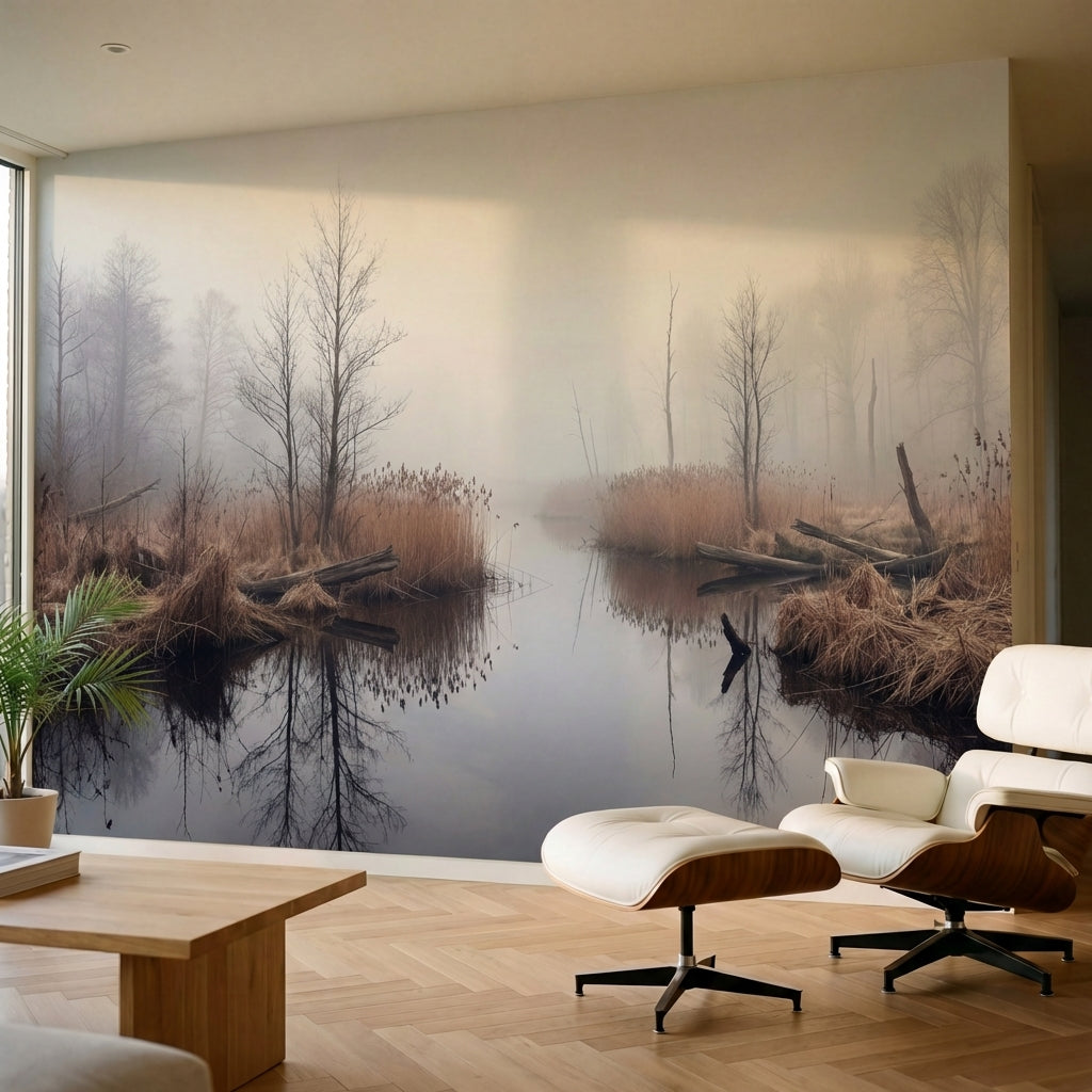 papier peint panoramique foret riviere marecage roseaux bare trees brouillard to-4