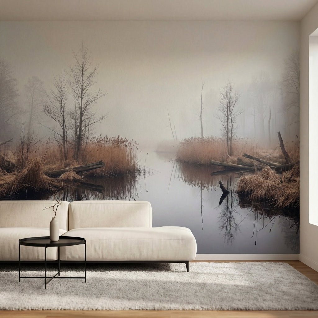 papier peint panoramique foret riviere marecage roseaux bare trees brouillard to-5