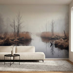 papier peint panoramique foret riviere marecage roseaux bare trees brouillard to-5