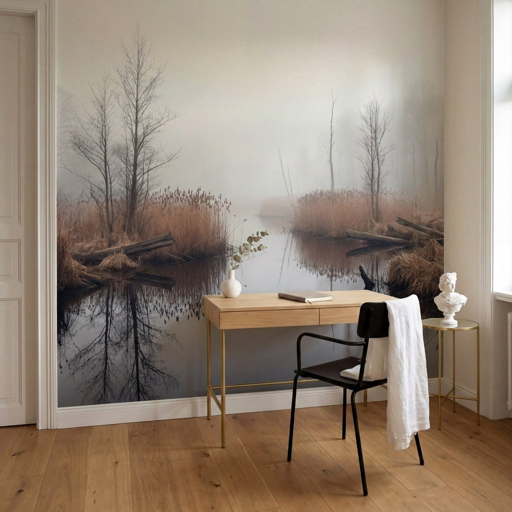 papier peint panoramique foret riviere marecage roseaux bare trees brouillard to-6