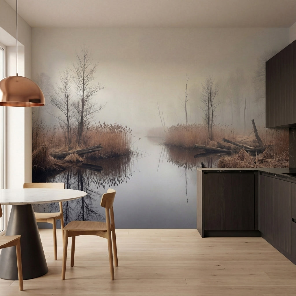 papier peint panoramique foret riviere marecage roseaux bare trees brouillard to-HERO-10
