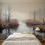 papier peint panoramique foret riviere marecage roseaux bare trees brouillard to-HERO-6