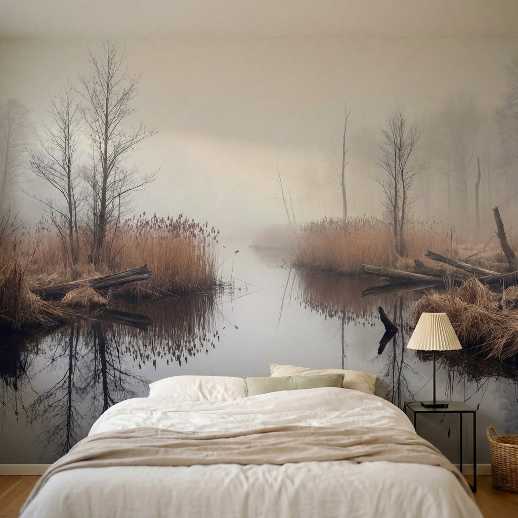 papier peint panoramique foret riviere marecage roseaux bare trees brouillard to-HERO-6