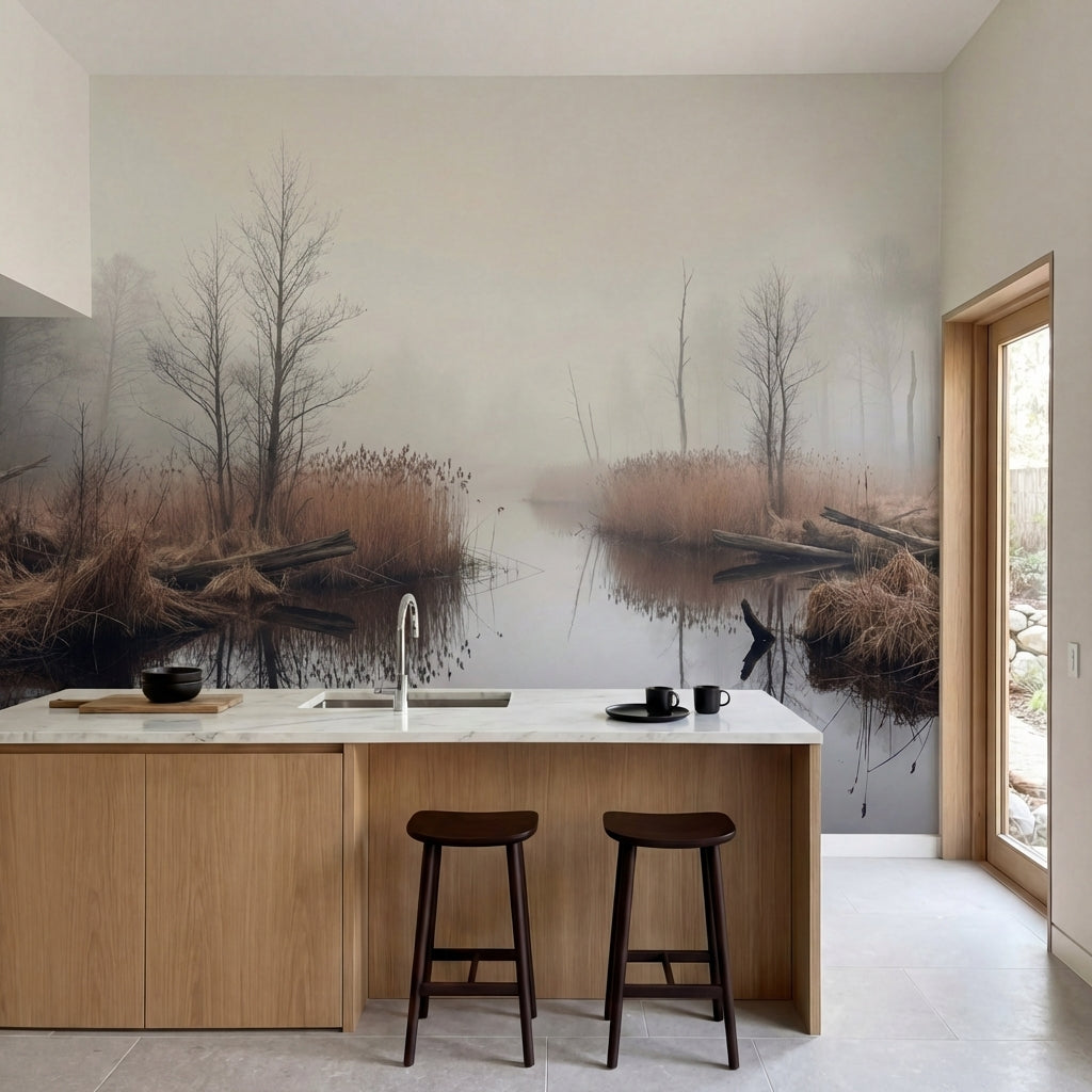 papier peint panoramique foret riviere marecage roseaux bare trees brouillard to-HERO-7