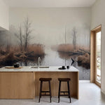 papier peint panoramique foret riviere marecage roseaux bare trees brouillard to-HERO-7