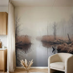 papier peint panoramique foret riviere marecage roseaux bare trees brouillard to-HERO-9