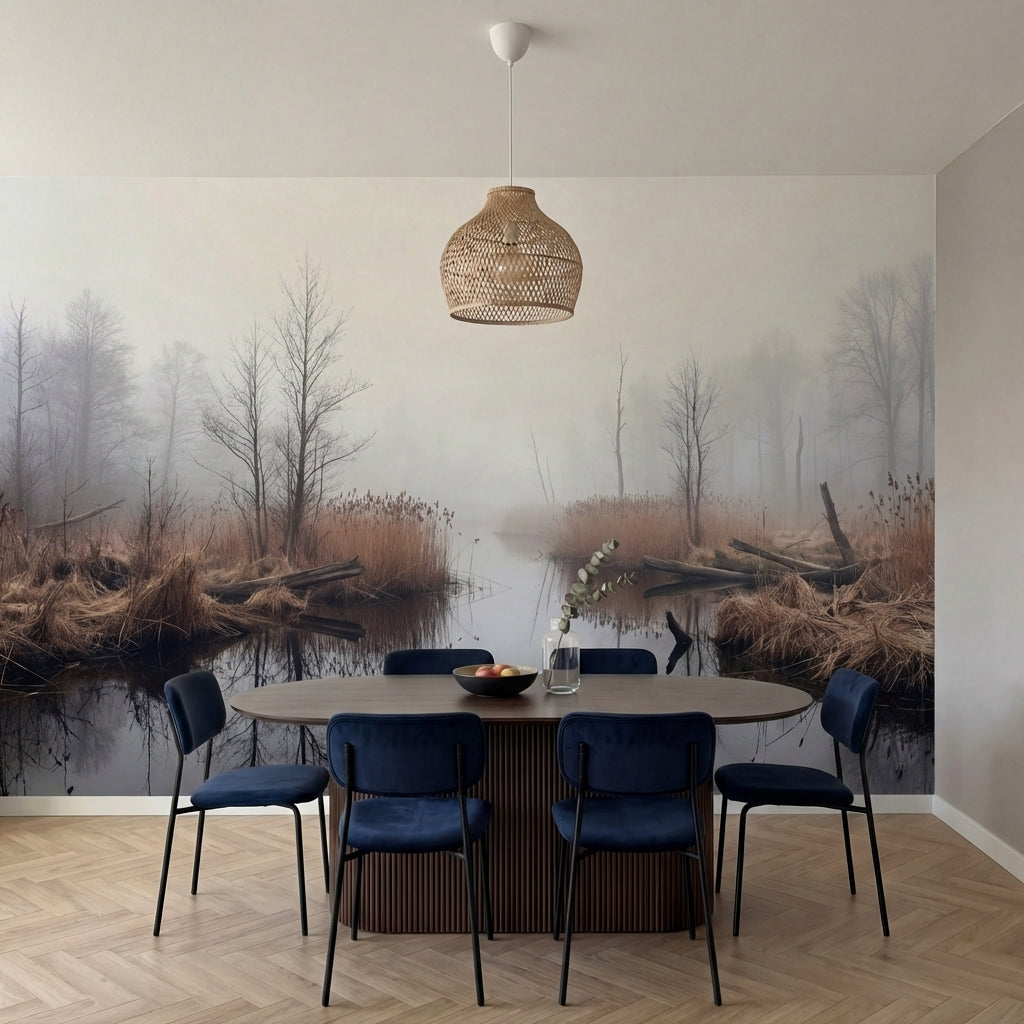 papier peint panoramique foret riviere marecage roseaux bare trees brouillard to-VARIANTE-10