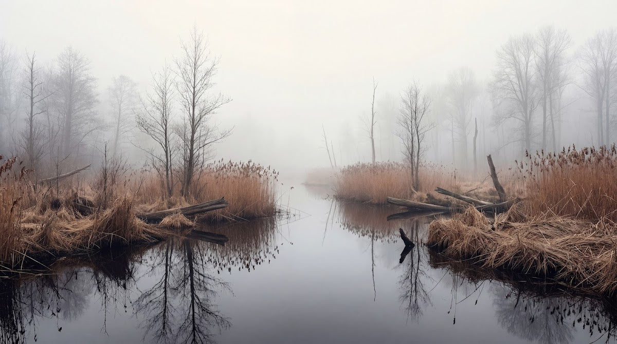 Papier peint panoramique forêt - Rivière marécage roseaux bare trees brouillard tons beige et brun sur mesure - Design