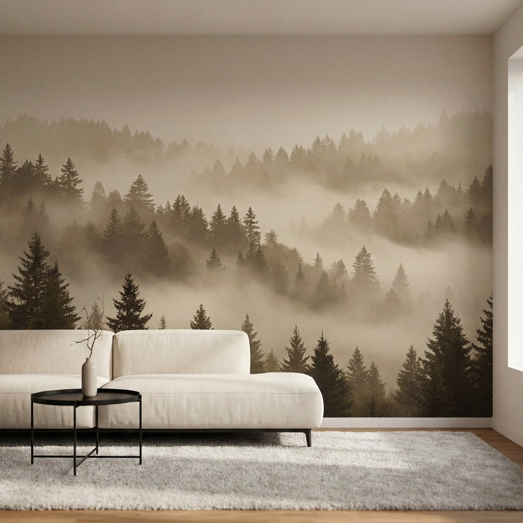 papier peint panoramique foret sapins brume matinale vallees montagneuses tons b-1
