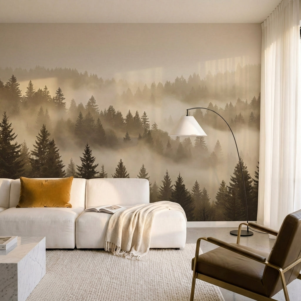 papier peint panoramique foret sapins brume matinale vallees montagneuses tons b-9