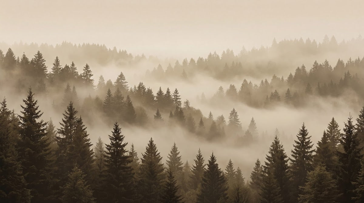 Papier peint panoramique forêt - Sapins brume matinale vallées montagneuses tons beige rosé et gris sur mesure - Design