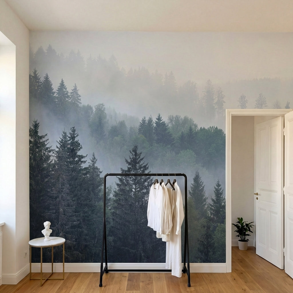 papier peint panoramique foret sapins brumeux paysage montagneux atmosphere vapo-1