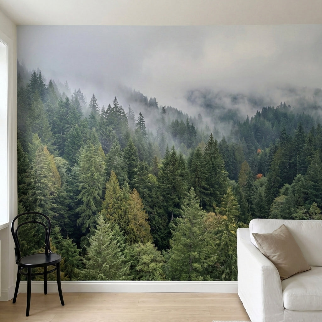 papier peint panoramique foret sapins brumeux vallees montagneuses nuages blancs-1