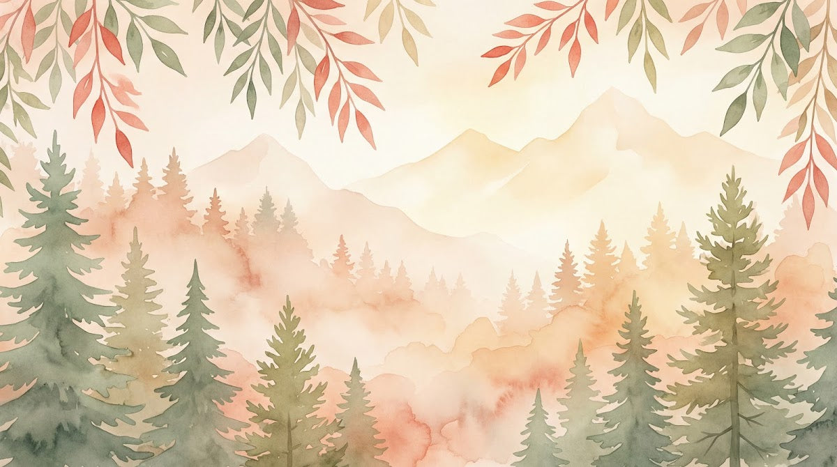 Papier peint panoramique forêt - Sapins conifères branchages feuillages dégradé tons beige rosé et vert sauge sur mesure - Design