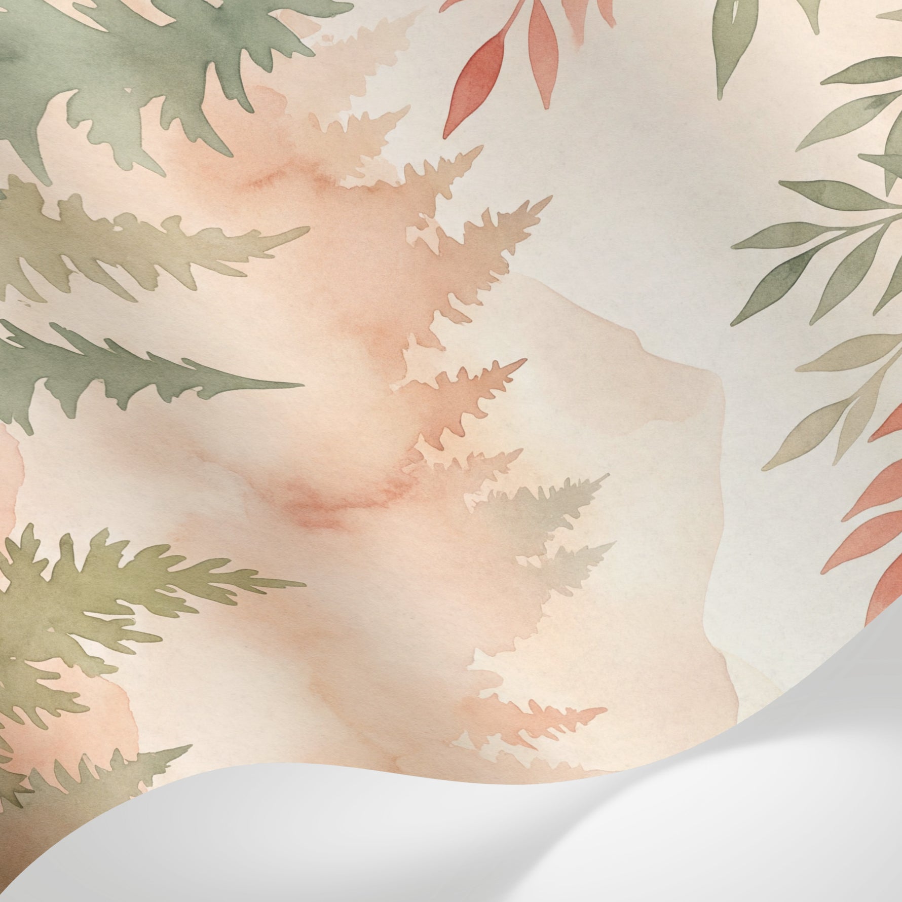 Papier peint panoramique forêt - Sapins conifères branchages feuillages dégradé tons beige rosé et vert sauge sur mesure - Matière