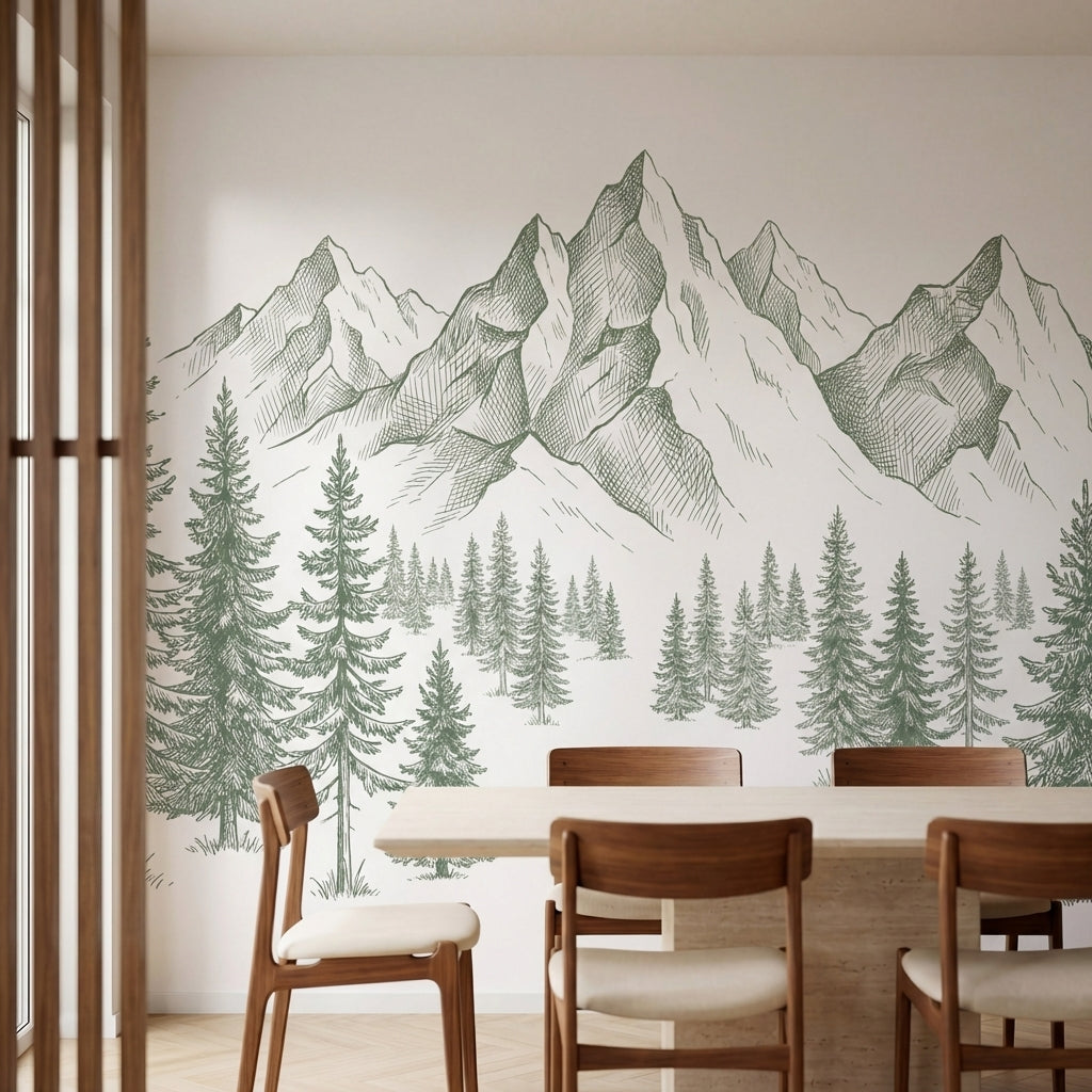 papier peint panoramique foret sapins enneiges montagnes dessin gravure tons ver-2