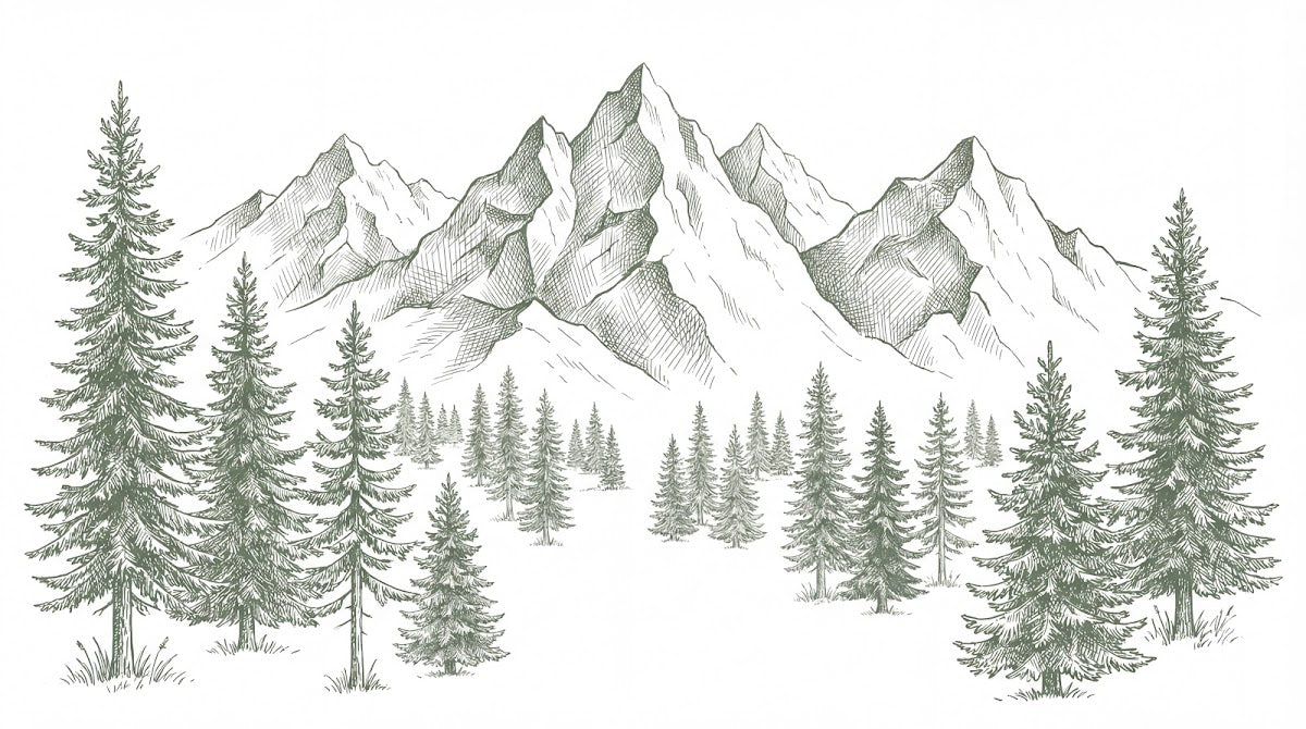 Papier peint panoramique forêt - Sapins enneigés montagnes dessin gravure tons vert sauge et blanc sur mesure - Design