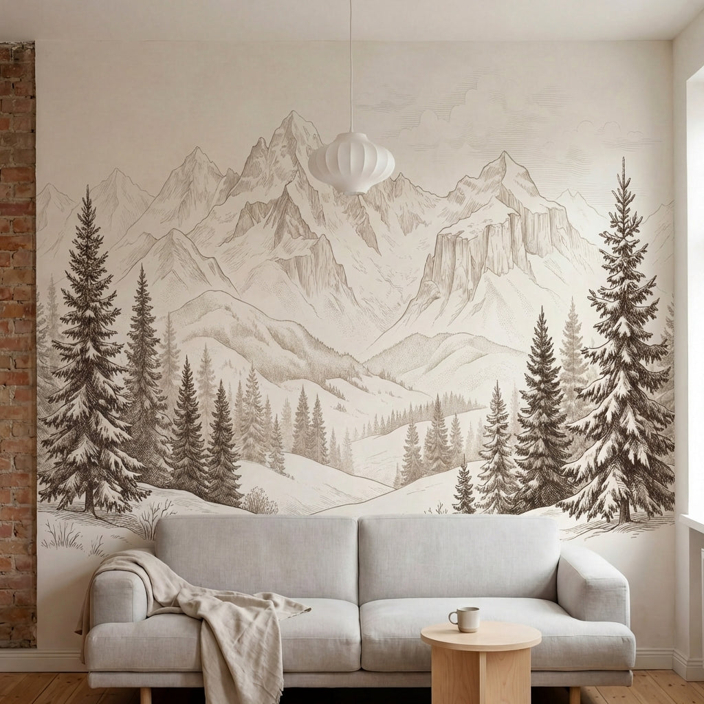 papier peint panoramique foret sapins epiceas enneiges montagnes alpines gravure-1
