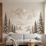 papier peint panoramique foret sapins epiceas enneiges montagnes alpines gravure-1