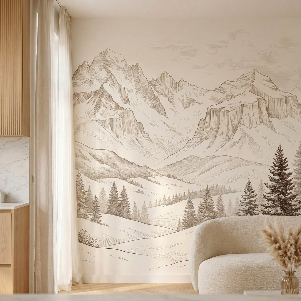 papier peint panoramique foret sapins epiceas enneiges montagnes alpines gravure-2
