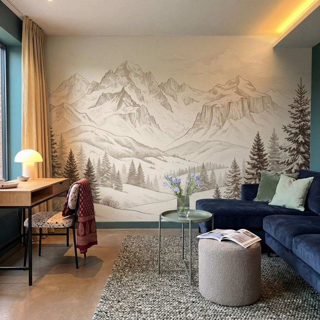papier peint panoramique foret sapins epiceas enneiges montagnes alpines gravure-6