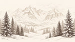 Papier peint panoramique forêt - Sapins épicéas enneigés montagnes alpines gravure beige et brun sur mesure - Design