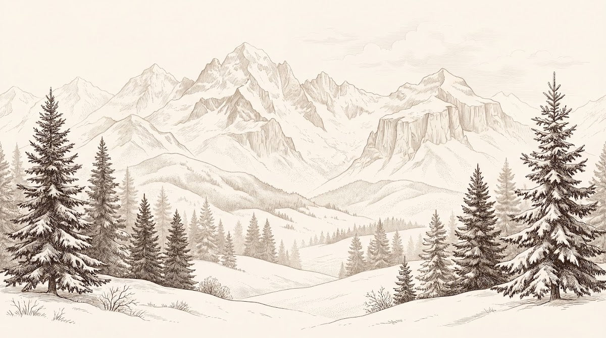 Papier peint panoramique forêt - Sapins épicéas enneigés montagnes alpines gravure beige et brun sur mesure - Design