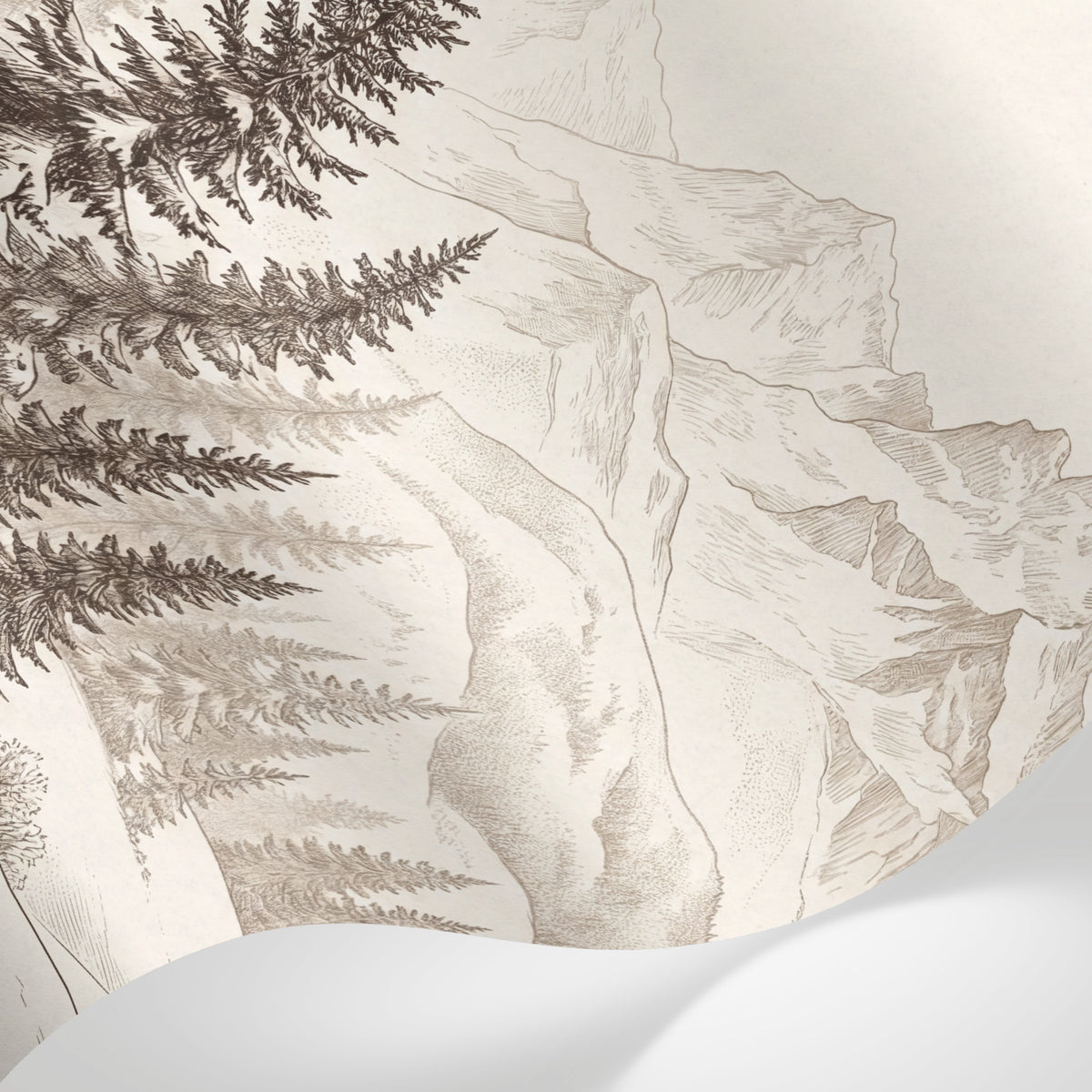 Papier peint panoramique forêt - Sapins épicéas enneigés montagnes alpines gravure beige et brun sur mesure - Matière