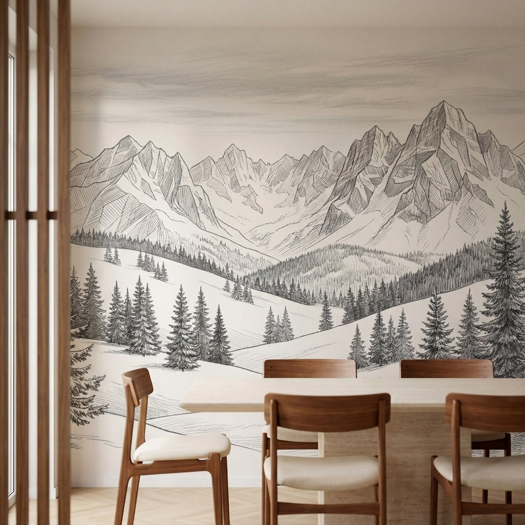 papier peint panoramique foret sapins epiceas montagne enneigee dessin gravure t-1