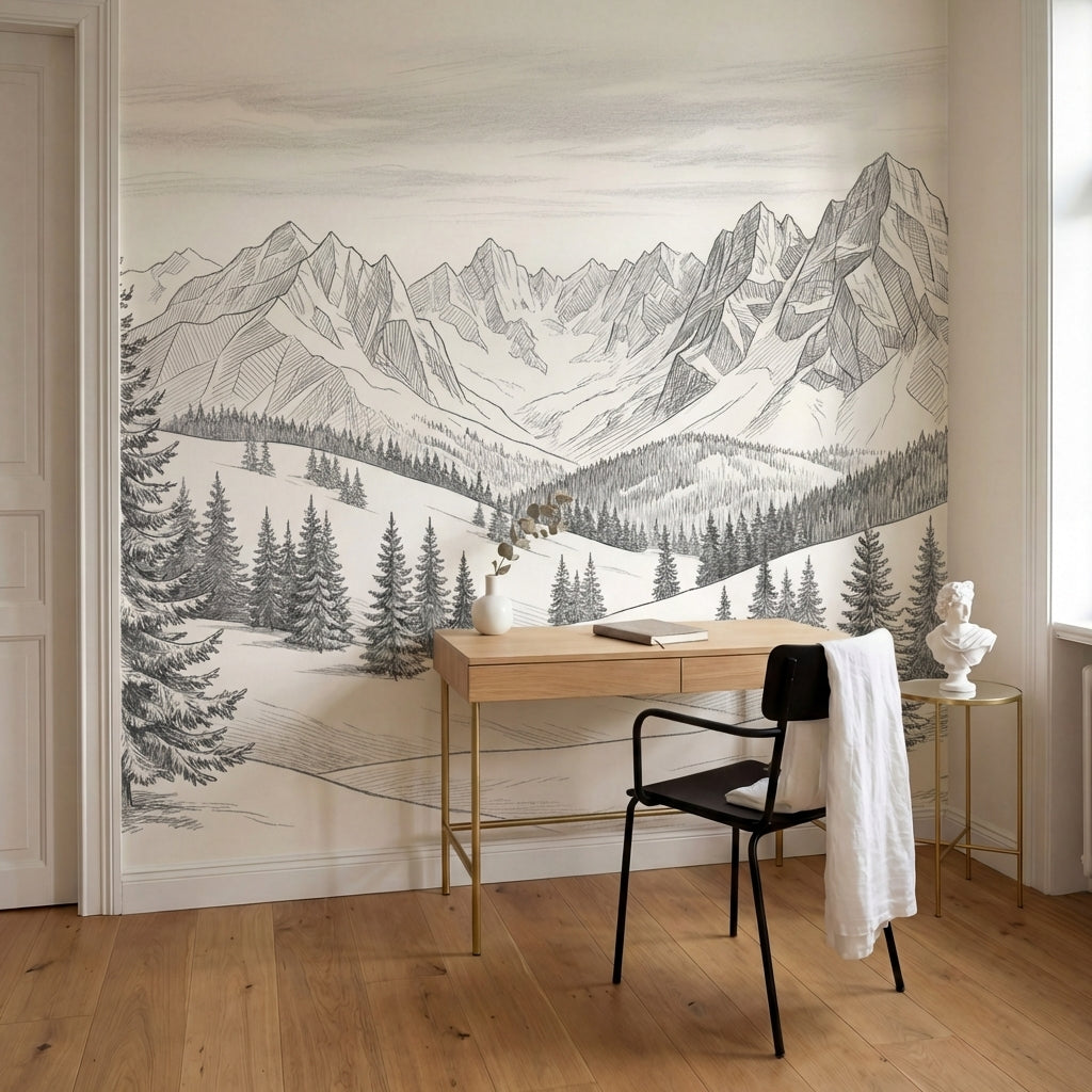 papier peint panoramique foret sapins epiceas montagne enneigee dessin gravure t-6