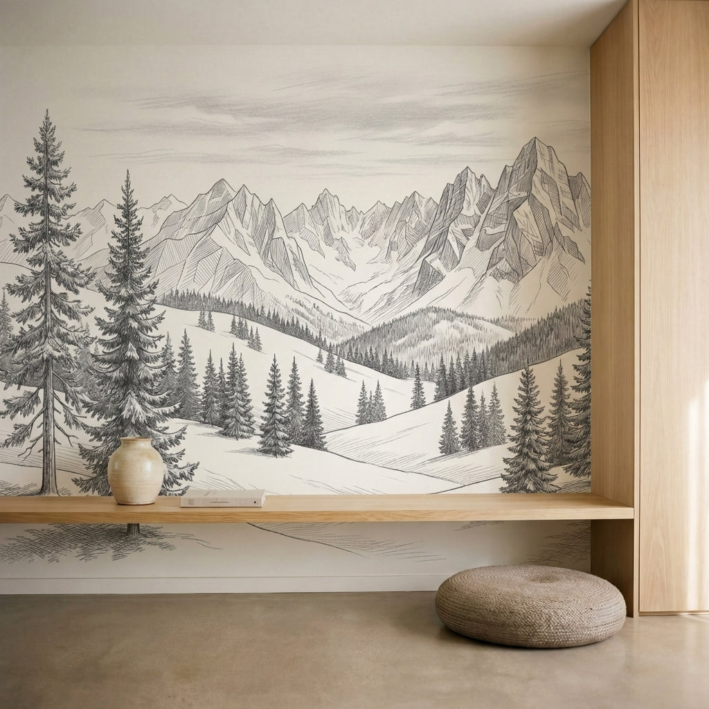 papier peint panoramique foret sapins epiceas montagne enneigee dessin gravure t-HERO-10
