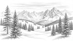 Papier peint panoramique forêt - Sapins épicéas montagne enneigée dessin gravure tons blanc et gris sur mesure - Design