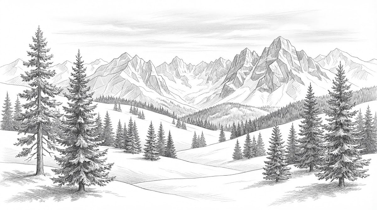 Papier peint panoramique forêt - Sapins épicéas montagne enneigée dessin gravure tons blanc et gris sur mesure - Design