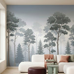 papier peint panoramique foret sapins pins brouillard matinal silhouettes tons g-3
