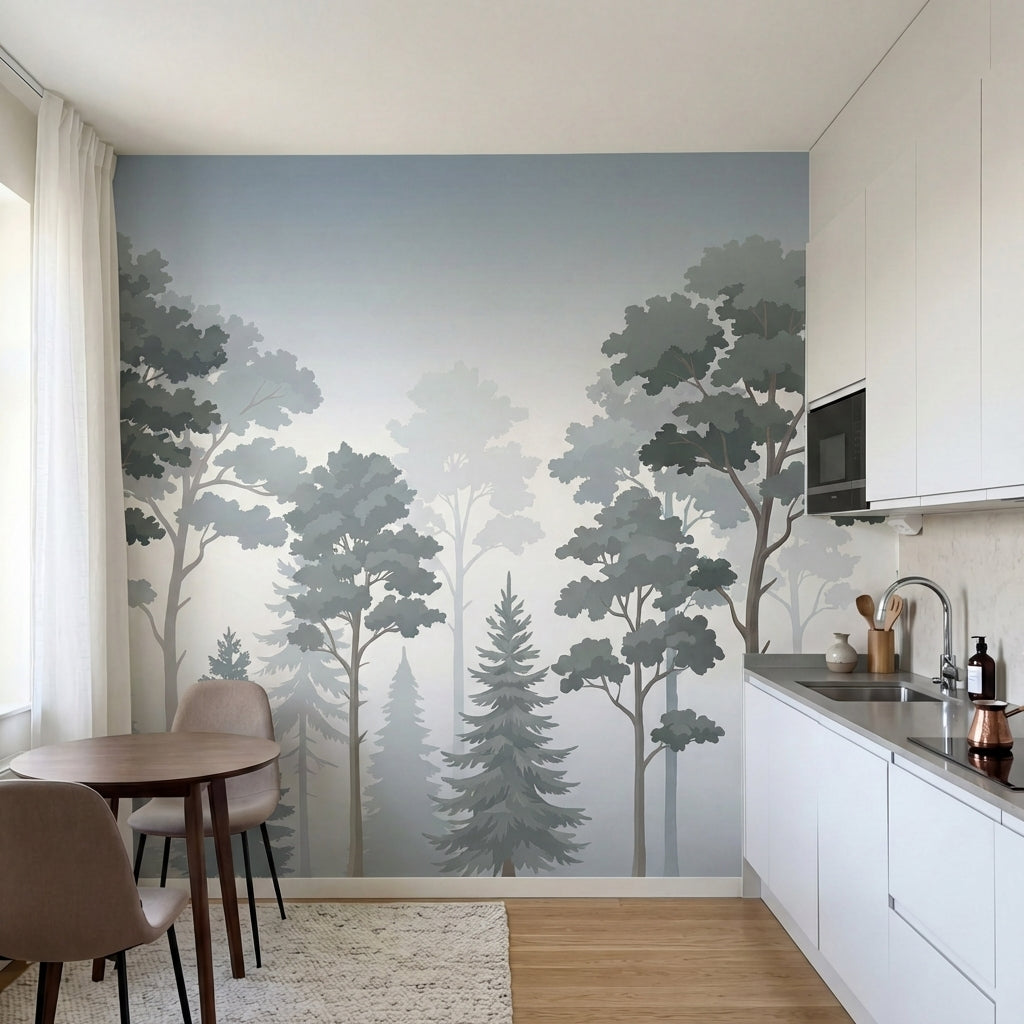 papier peint panoramique foret sapins pins brouillard matinal silhouettes tons g-6