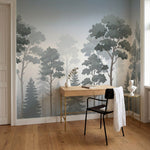 papier peint panoramique foret sapins pins brouillard matinal silhouettes tons g-7