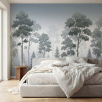 papier peint panoramique foret sapins pins brouillard matinal silhouettes tons g-HERO-10
