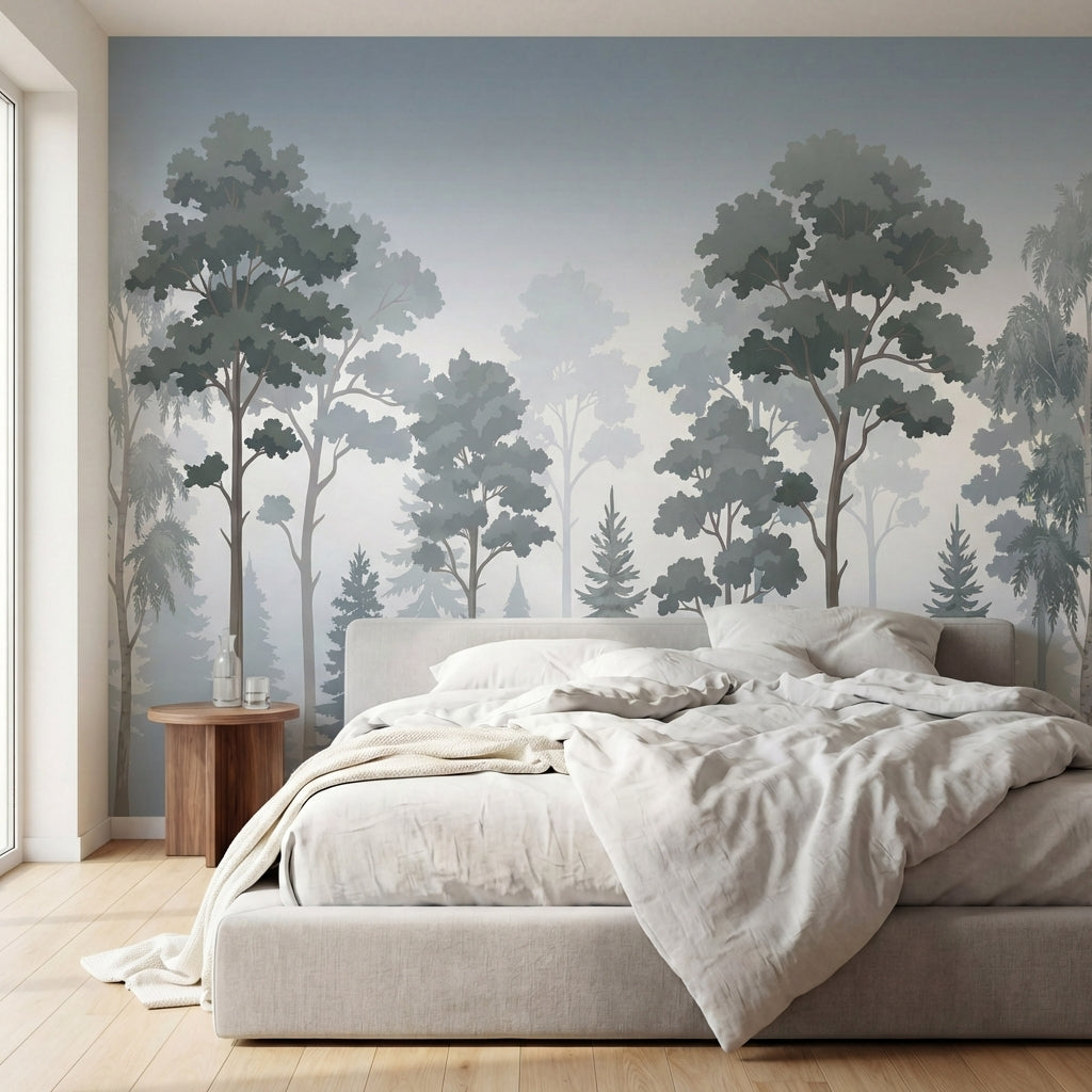 papier peint panoramique foret sapins pins brouillard matinal silhouettes tons g-HERO-10
