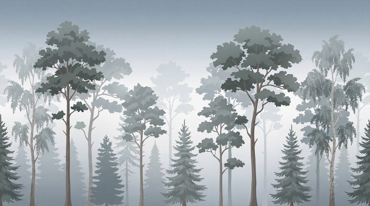 Papier peint panoramique forêt - Sapins pins brouillard matinal silhouettes tons gris bleu et blanc sur mesure - Design